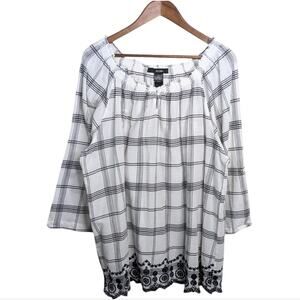 Ali Miles Peasant Top 2X Boho Cottagecore Embroidered Windowpane Prairie